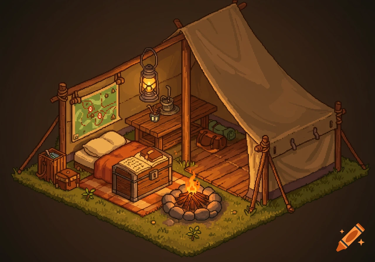 A pixel art isometric view of a cozy camping tent interior with a bed, table, lantern, map, chest, and an outdoor campfire.