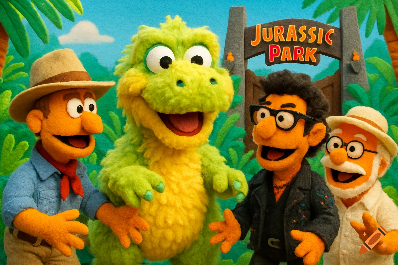 Muppet versions of Grant, Malcolm, and Hammond stand with a fluffy green muppet dinosaur in front of a 'Jurassic Park' sign, surrounded by felt jungle foliage.