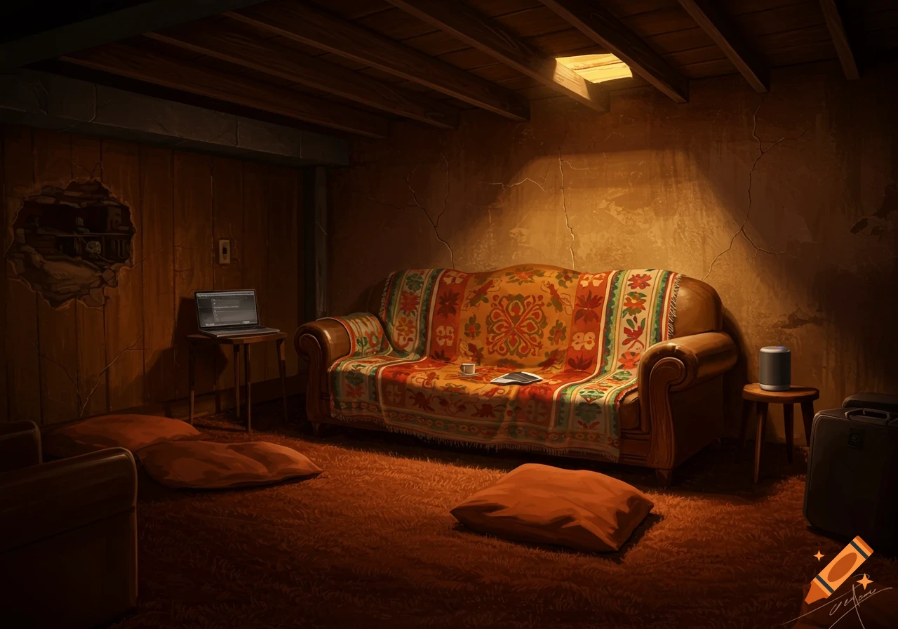 A dimly lit, rustic basement room with a patterned blanket on a couch, a laptop on a table, and shag carpet, in a digital art style.