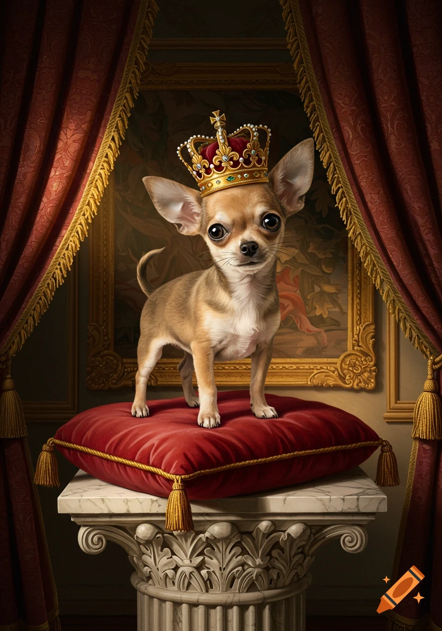 Photorealistic chihuahua wearing a gold and red crown on a red velvet cushion, set against red drapes and a painting.