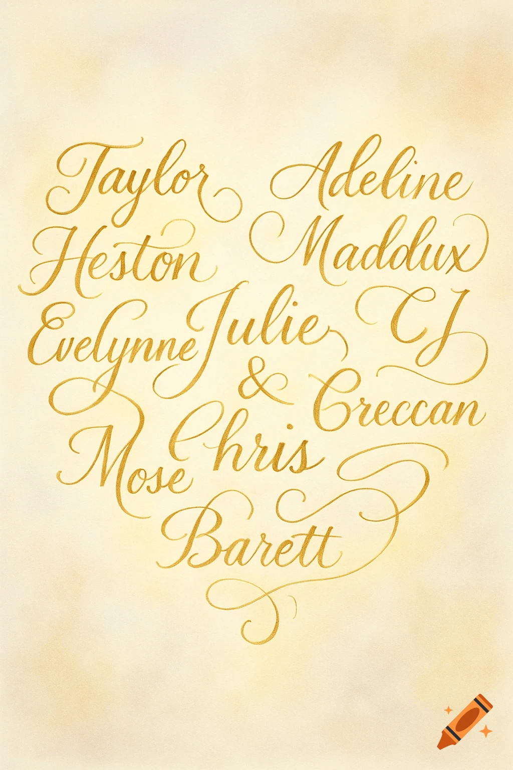 Elegant gold cursive names arranged in a heart shape on a subtle cream background.