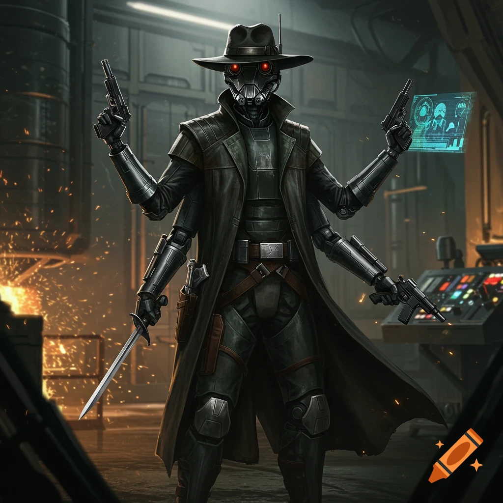 A four-armed assassin droid wearing a duster coat and fedora, wielding two blaster pistols and a rapier in a futuristic industrial setting.