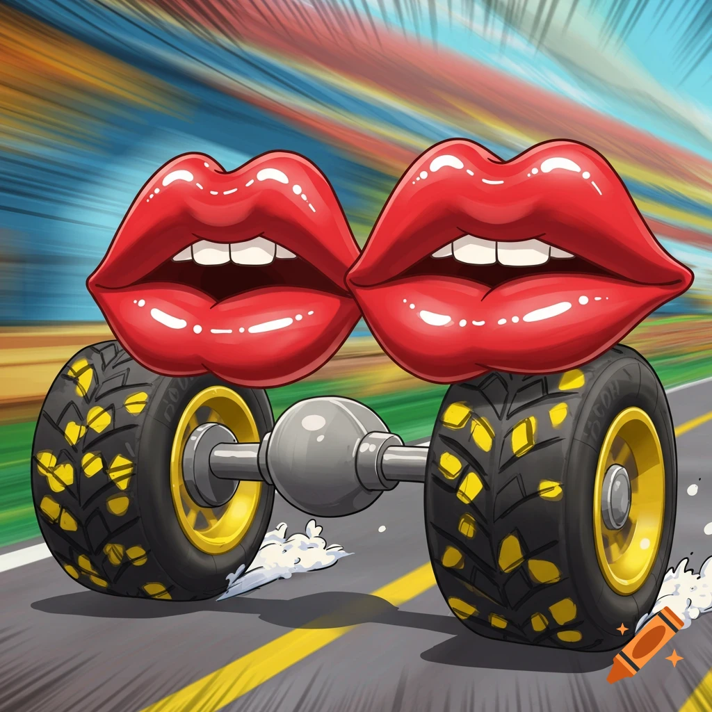 Cartoon red lips on a car axle with wheels, speeding on a road with a colorful background.