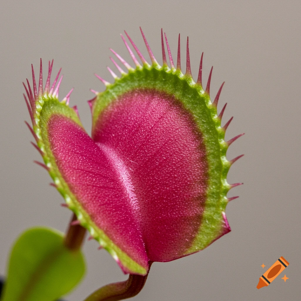 A close-up, photorealistic view of an open Venus flytrap with vibrant pink and green leaves against a plain background.