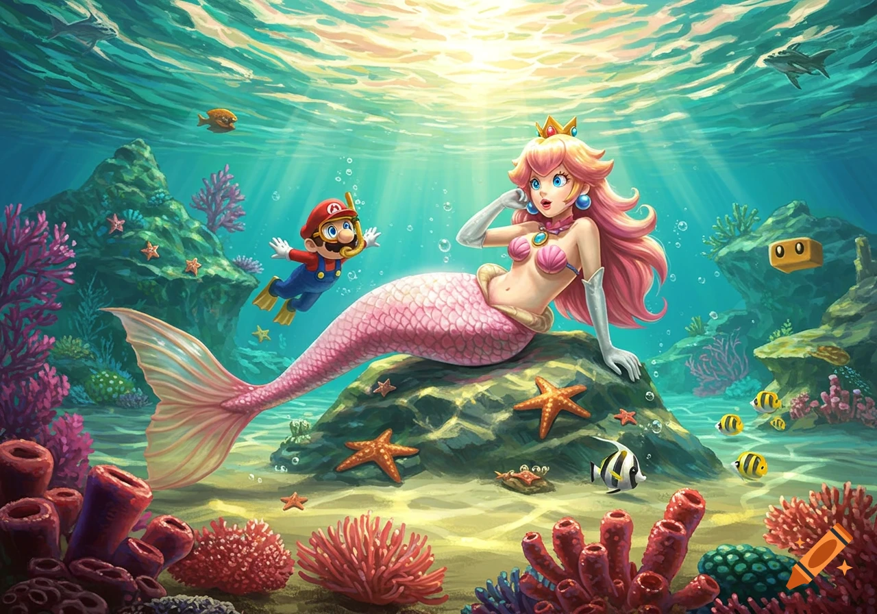 Cartoon illustration of Mermaid Princess Peach on a rock and Mario snorkeling in a vibrant underwater lagoon.