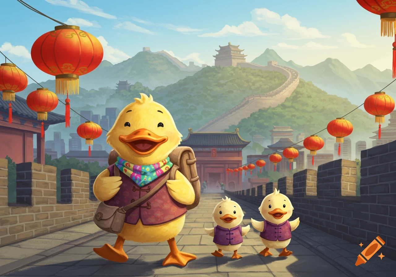 A large cartoon duck with a backpack and two smaller ducks walk on a brick wall with Chinese lanterns and the Great Wall in the background.