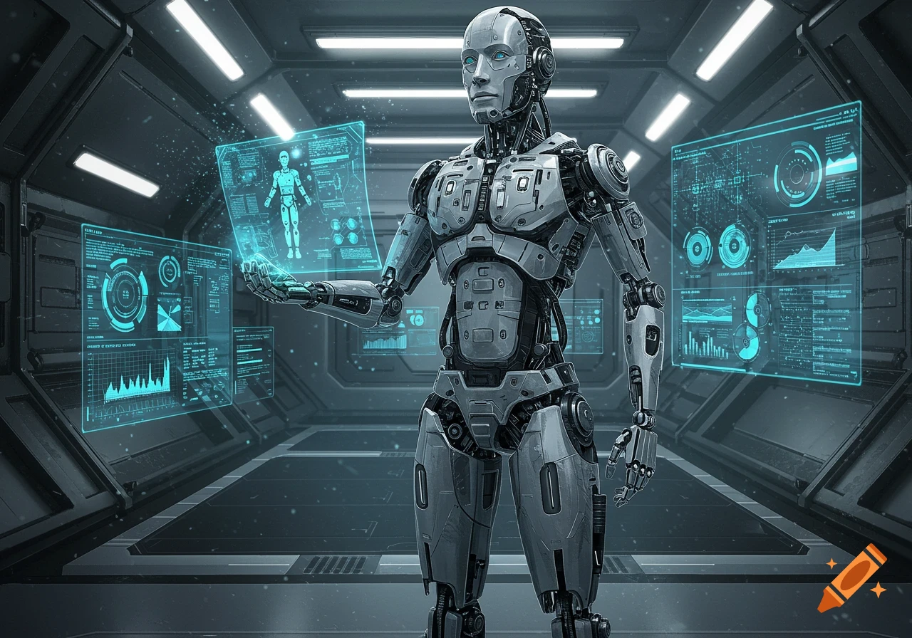 A silver robot with blue eyes stands in a futuristic spaceship, interacting with glowing blue holographic displays.