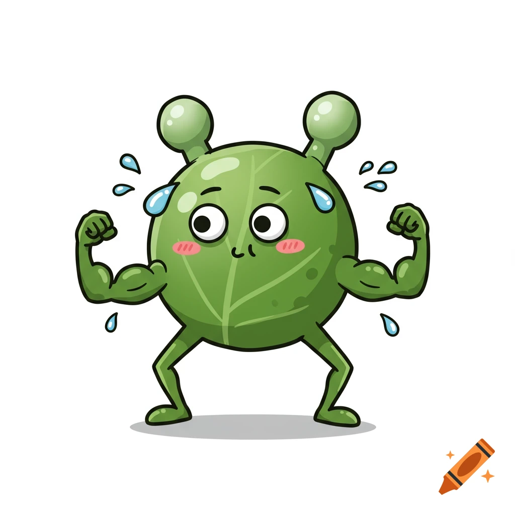 A cute, green, cartoon molecule with goofy eyes and two antennae, flexing muscular arms and sweating in a mid-squat pose.