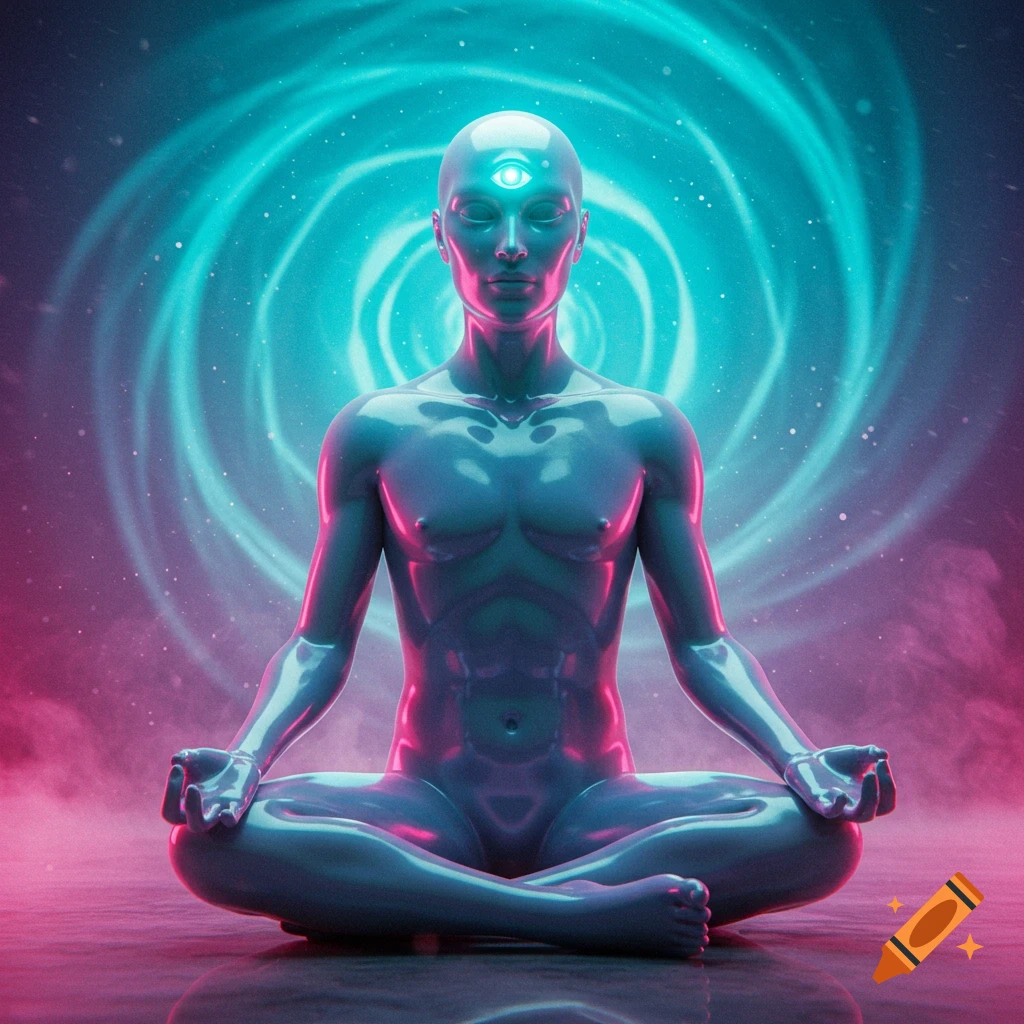A stylized, glossy blue humanoid figure with a glowing third eye meditates in a lotus pose against a swirling neon blue and pink background.