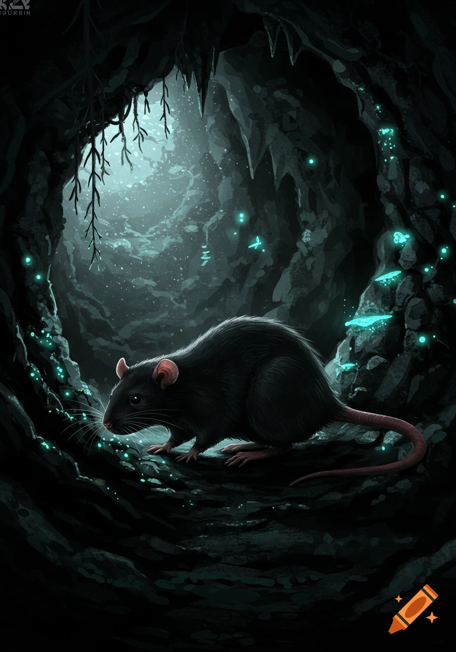 A black rat scurries through a dark, glowing cave with bioluminescent plants and light streaming from above in an atmospheric illustration.