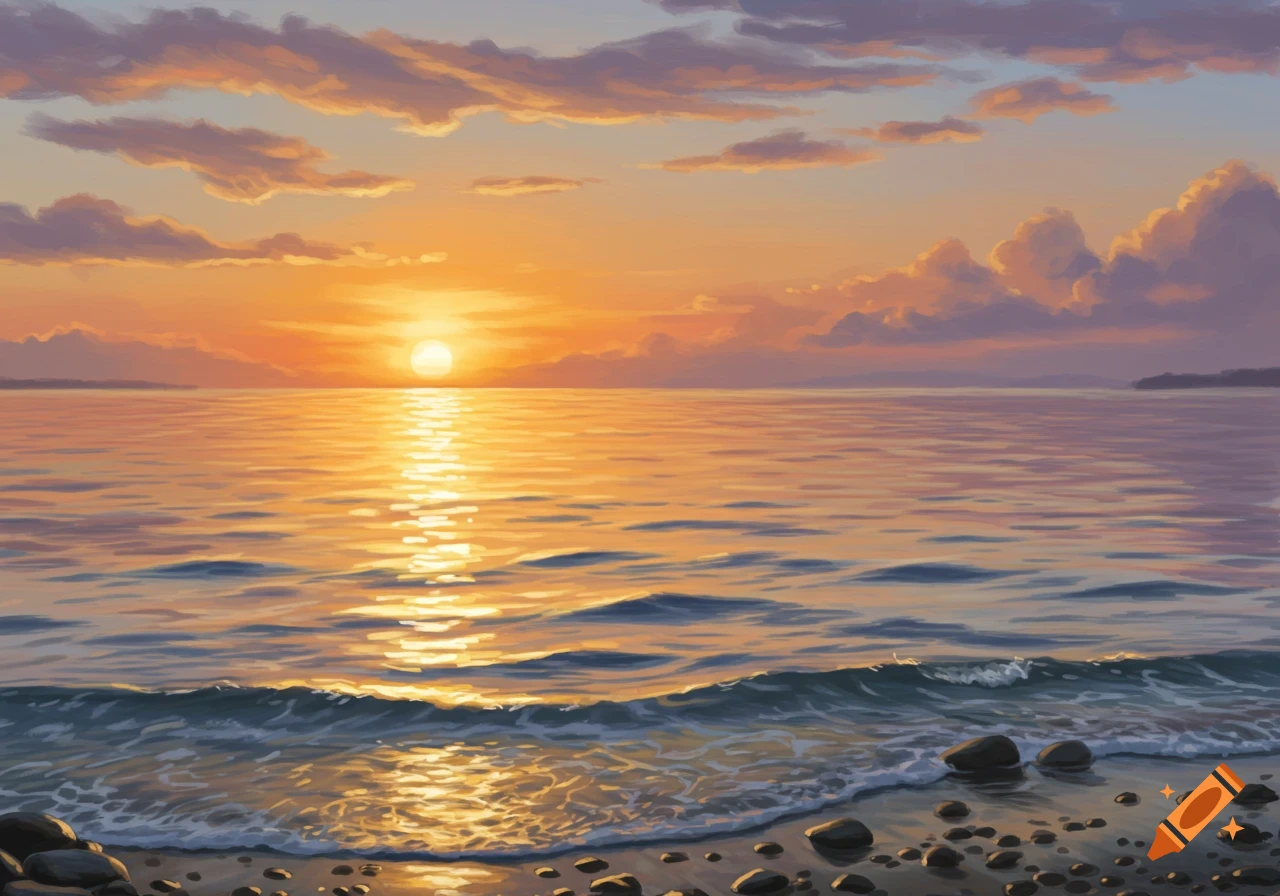 Painterly sunset over the ocean with a brilliant sun reflecting on the water and a rocky beach in the foreground.