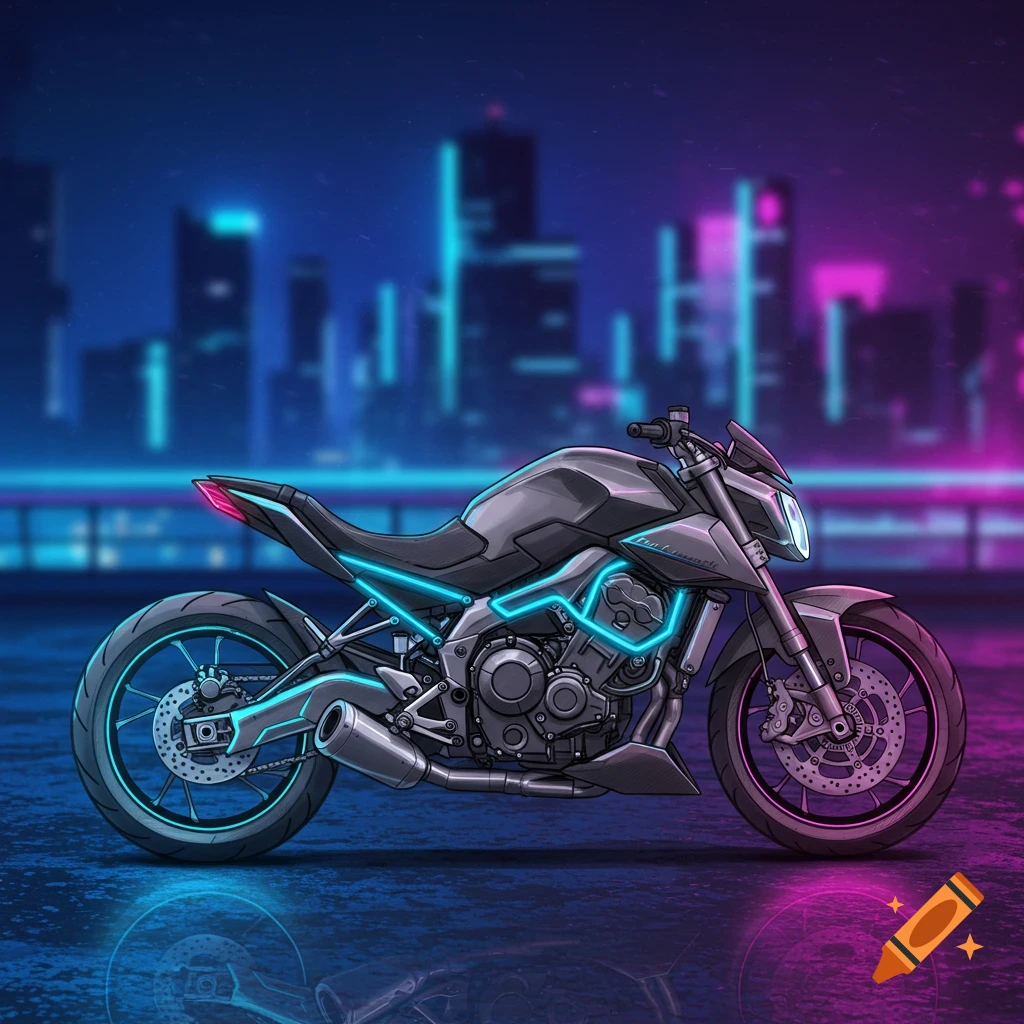 A stylized drawing of a futuristic gray motorcycle with glowing blue neon accents, parked on a wet street with reflections. A blurred cyberpunk city skyline with pink and blue lights is in the background.