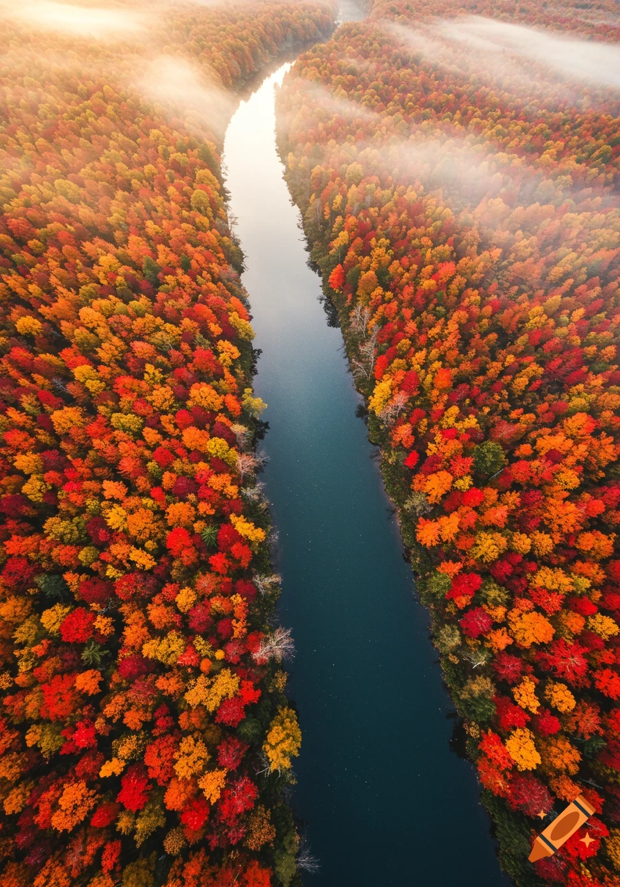 Aerial view of a winding river flowing through a dense forest of vibrant red, orange, and yellow autumn trees.