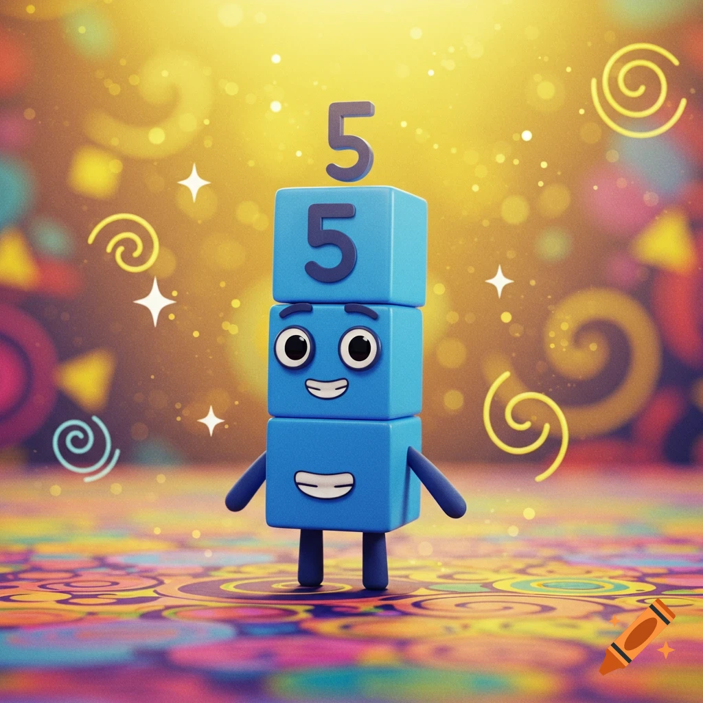 A cheerful blue block cartoon character, Numberblock 5, stands on a colorful patterned floor with sparkling lights.