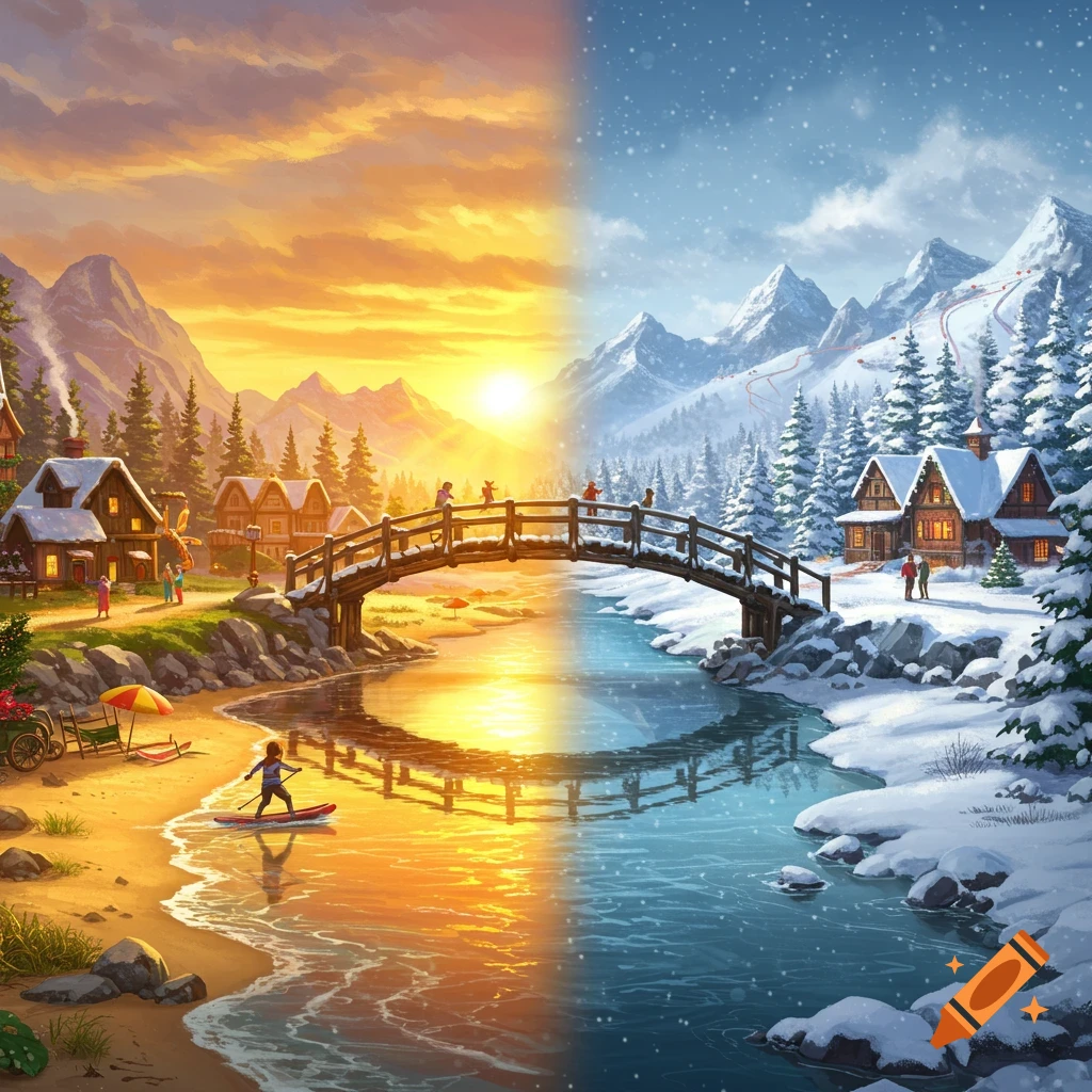 A vibrant fantasy landscape split down the middle, depicting a sunny beach village with a bridge leading to a snowy mountain village.
