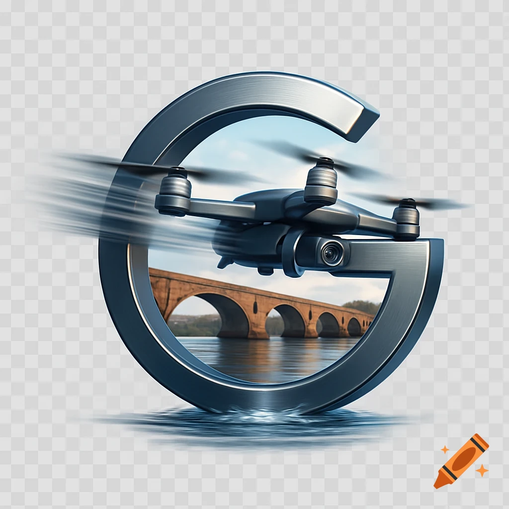 A sleek 3D logo featuring a drone flying through a metallic G-shaped ring partially submerged in water, with an ancient stone bridge in the background.
