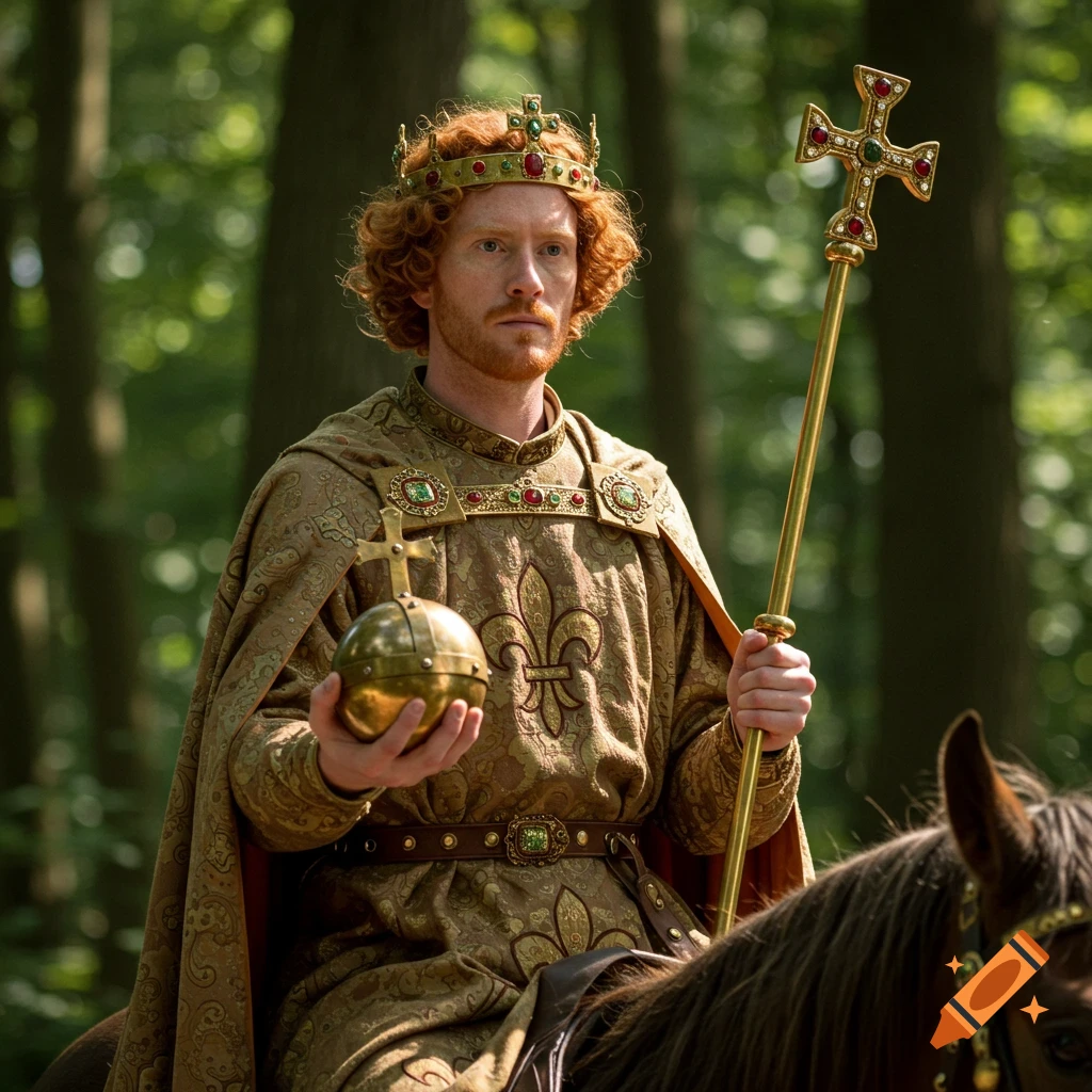 Photorealistic portrait of a ginger-haired king with a crown and robes, holding an orb and scepter, riding a horse in a forest.