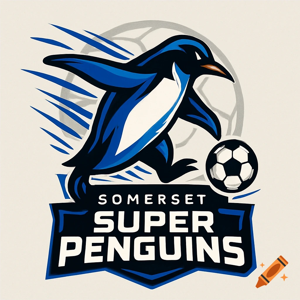 Modern sports logo featuring a blue and white penguin kicking a soccer ball, with the text 'SOMERSET SUPER PENGUINS'.