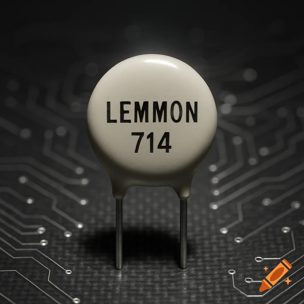 A white ceramic capacitor labeled 'LEMMON 714' standing on a dark background with blurred circuit board traces.
