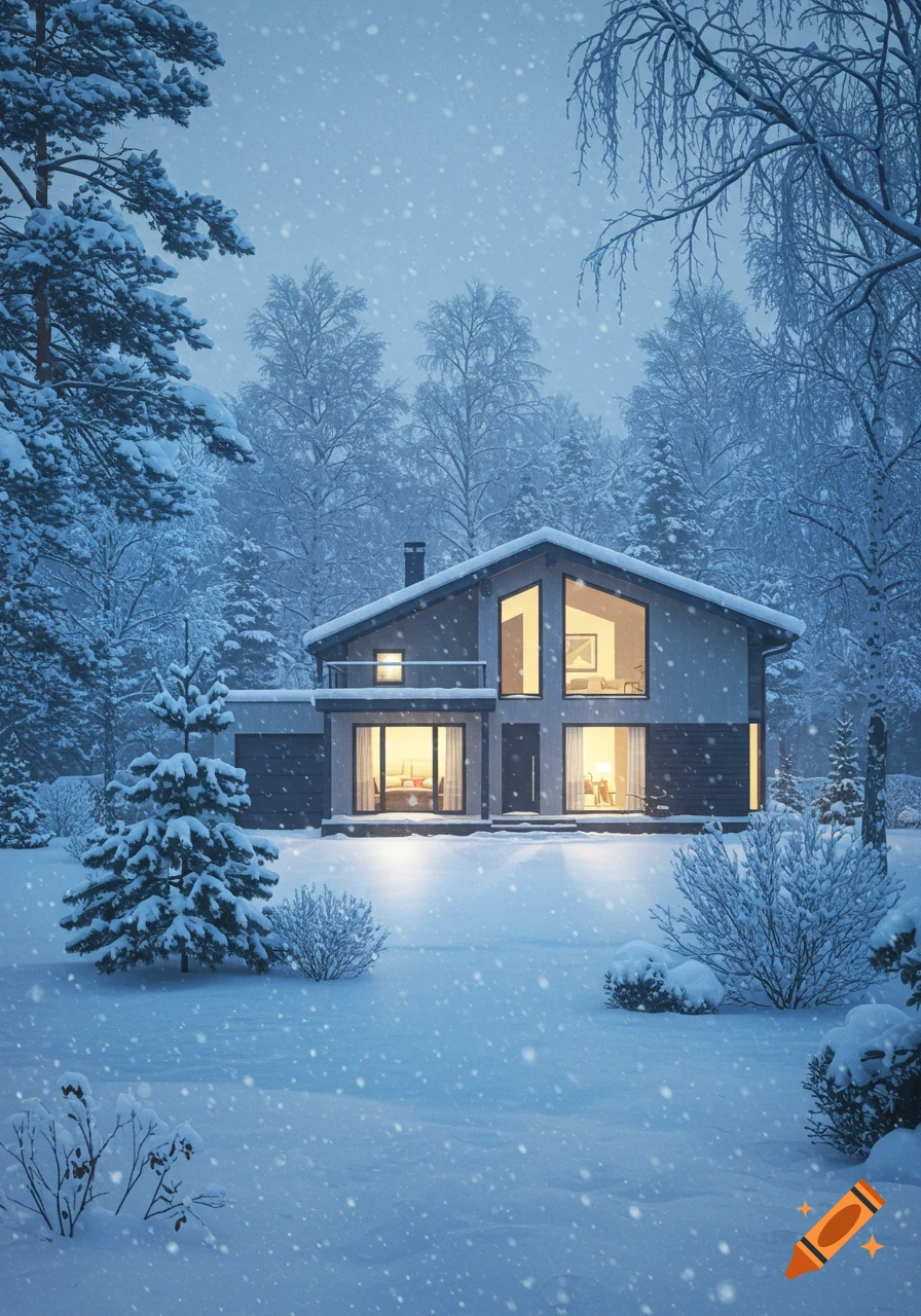 A modern house with illuminated windows sits in a snowy forest as snow falls.
