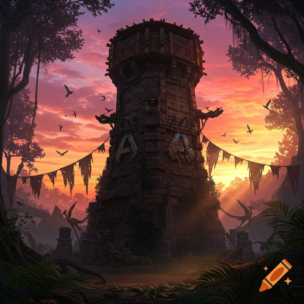 A fantasy drawing of a dark, ancient stone tower in a jungle at sunset, with birds flying and tattered banners.