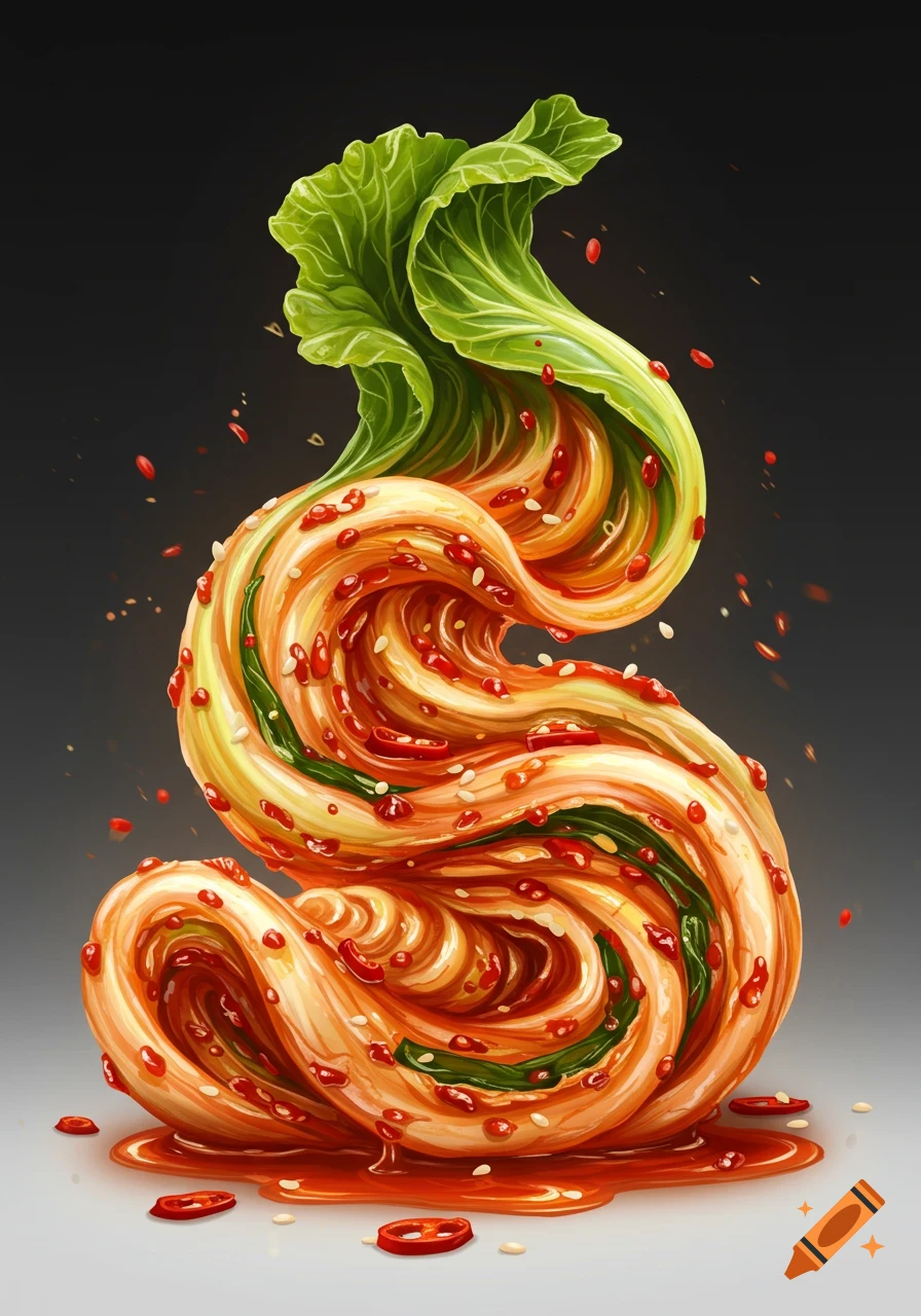Stylized, vibrant napa cabbage kimchi swirled into an S-shape, coated in red chili paste, on a grey surface against a dark background.