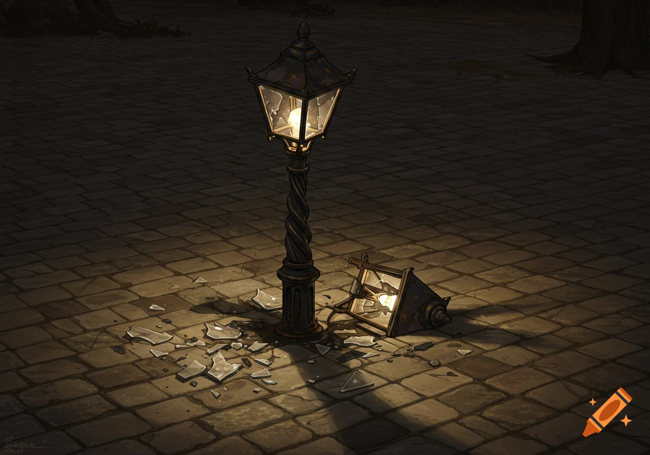 A broken lamppost illuminates a paved sidewalk at night, with shattered glass scattered on the ground.