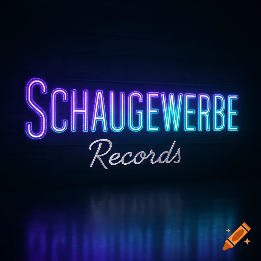 Neon sign for a music label, 'SCHAUGEWERBE' in glowing purple and blue letters, 'Records' in white script below it.