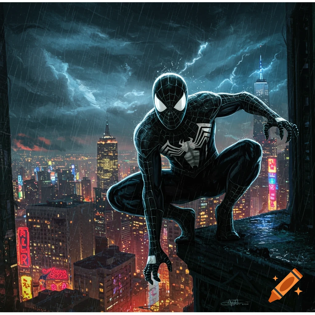 Symbiote Spider-Man crouches on a building ledge overlooking a rainy, neon-lit city at night, in a comic art style.