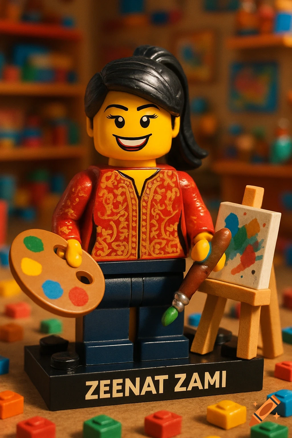 A Lego minifigure of a woman artist, holding a paint palette and paintbrush, standing on a base with 'ZEENAT ZAMI' inscribed.