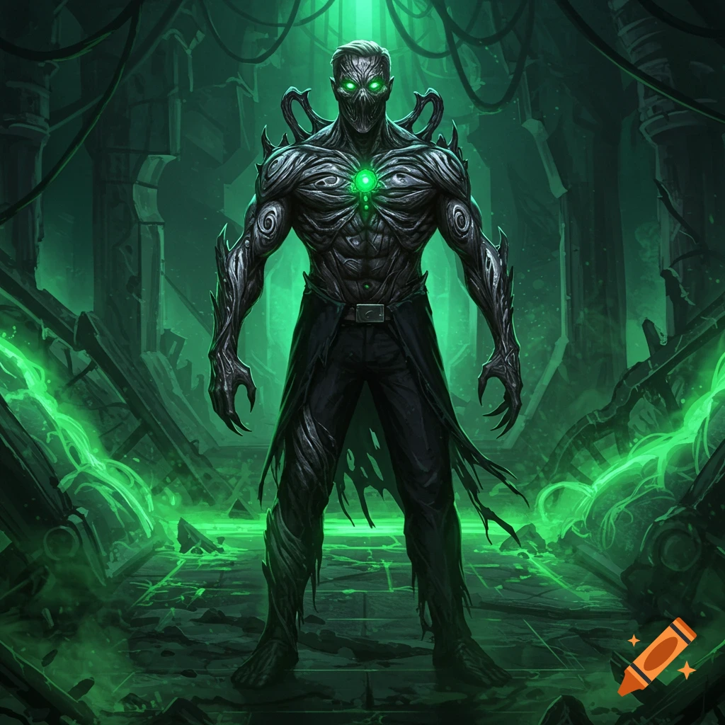 A monstrous, muscular humanoid creature with glowing green eyes and chest stands in a dark, ruined, green-lit futuristic chamber.