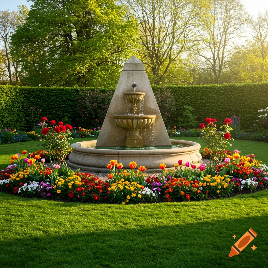 Photorealistic image of a sunny garden with a pyramid-shaped stone fountain surrounded by colorful tulips and roses.