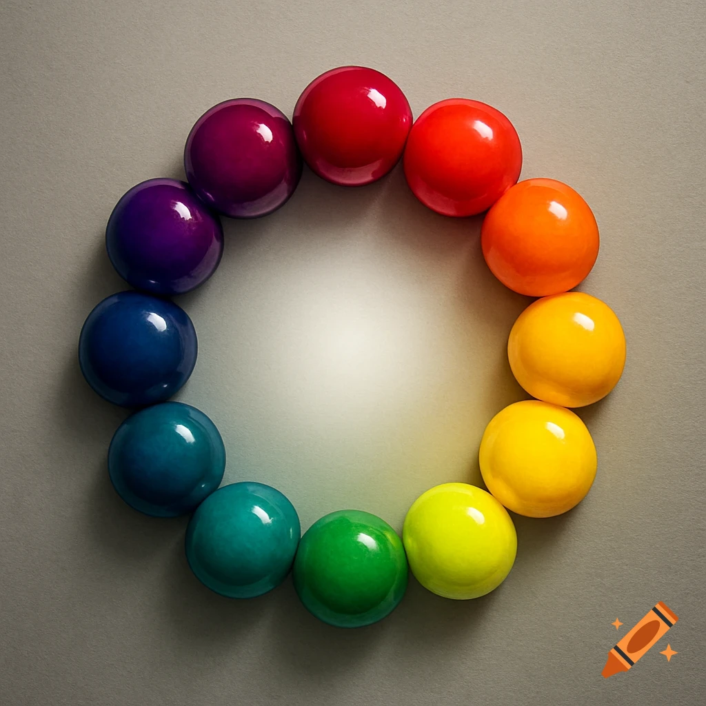A color wheel formed by glossy, brightly colored spheres arranged in a circle on a grey background.