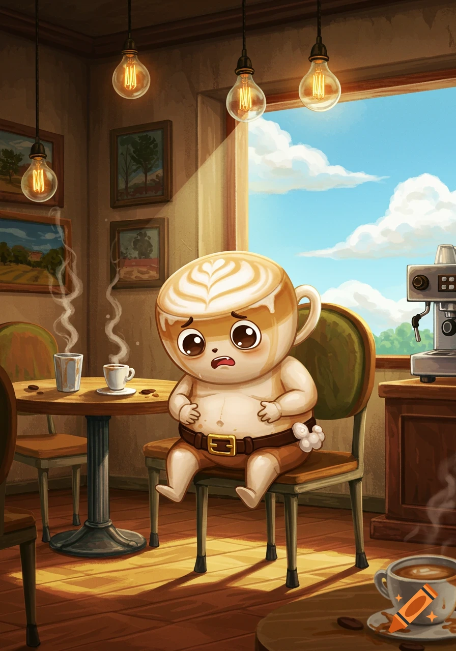 A cute cartoon cappuccino cup character with a heart latte art head sits in a cafe, looking distressed with a stomach ache.