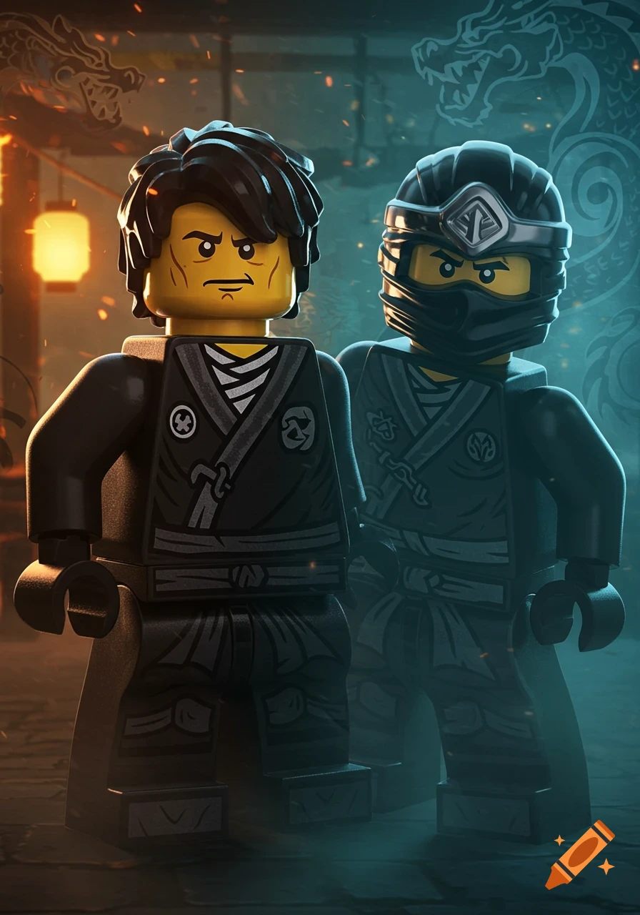 Two LEGO Ninjago ninja minifigures in black and silver gis, one with a scarred face, the other masked, against a mystical, fiery background.