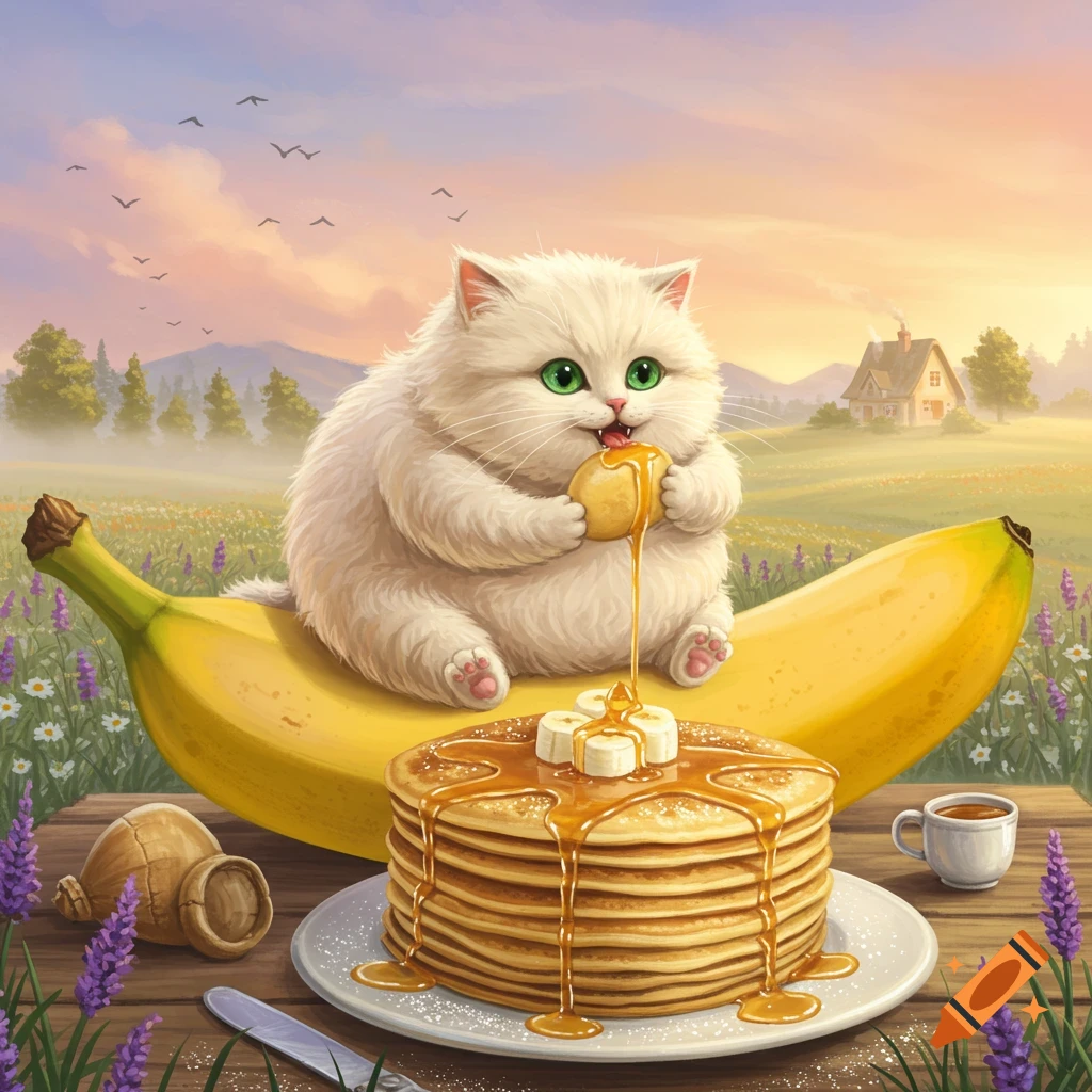 Fluffy white cat sits on a giant banana, eating syrup-drenched pancakes on a table in a sunny field, digital illustration.