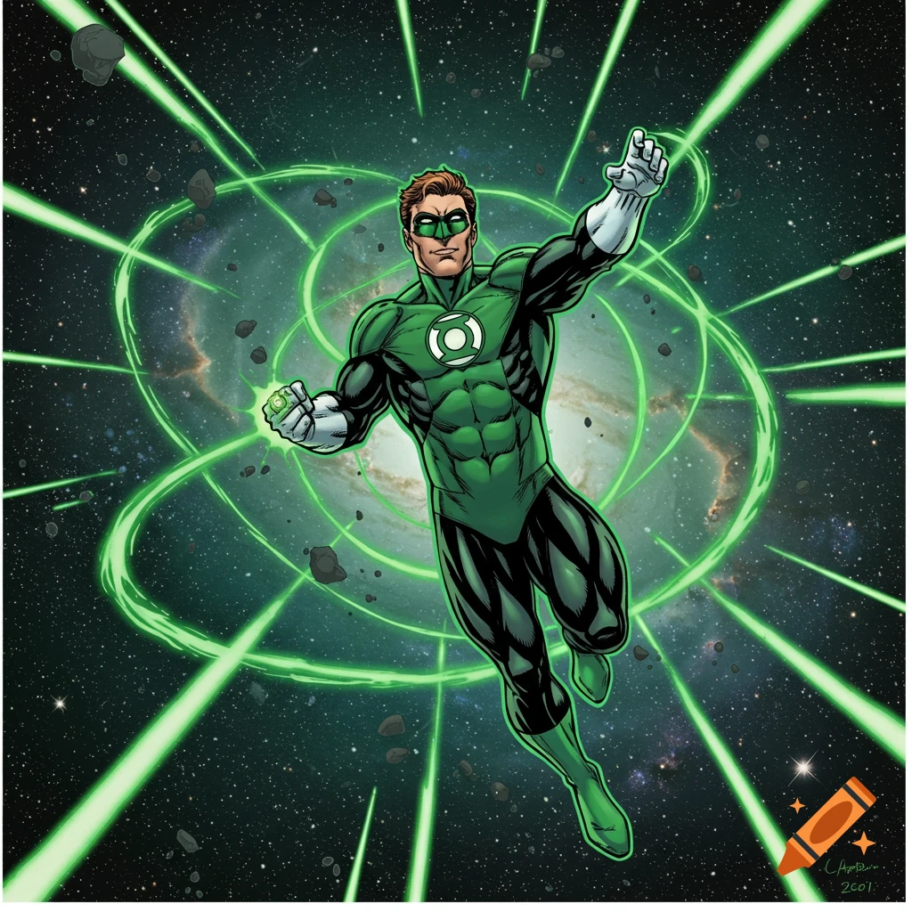 Green Lantern, Hal Jordan, flies through space surrounded by green energy constructs in a comic book art style.