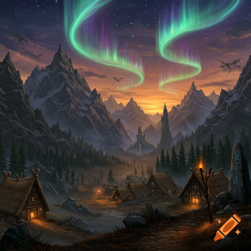 A vibrant fantasy landscape at dusk with a village nestled among mountains, an aurora in the sky, and dragons flying.
