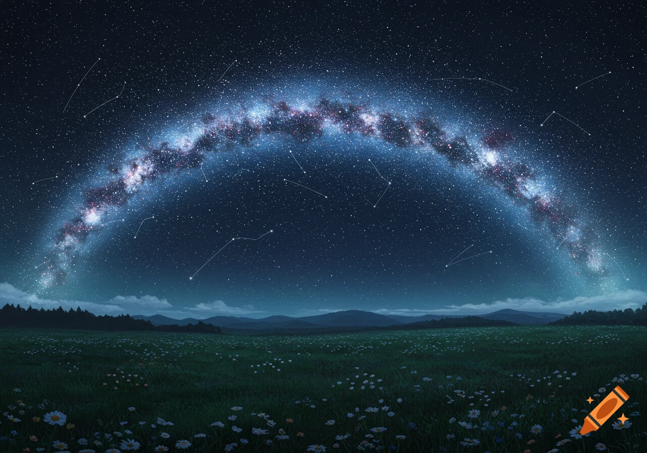 A vibrant Milky Way arcs across a star-filled night sky above a grassy field dotted with wildflowers and distant mountains.