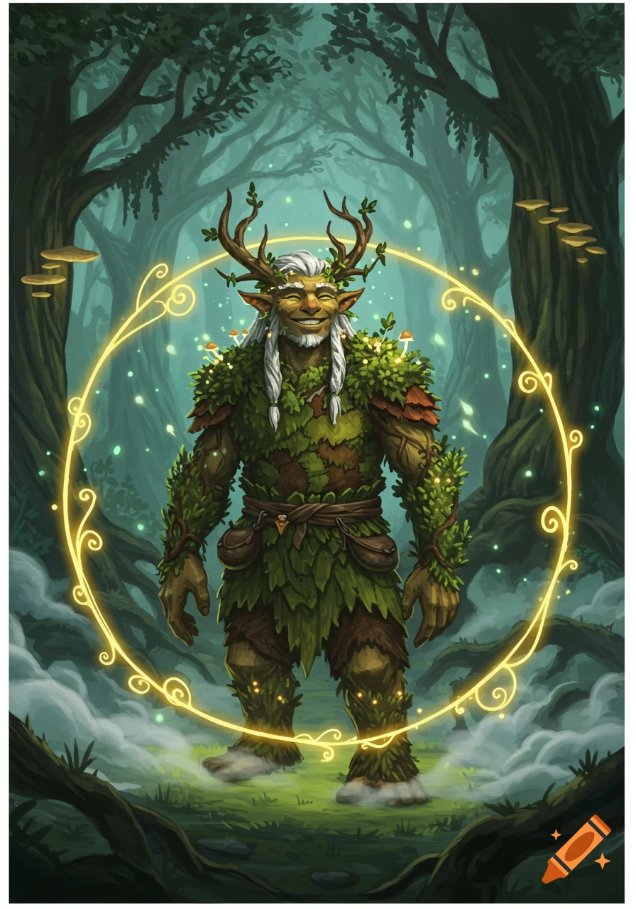 A smiling, leaf-covered Firbolg druid with antlers and white braids stands in a magical forest, surrounded by a glowing yellow ring, in an illustration.