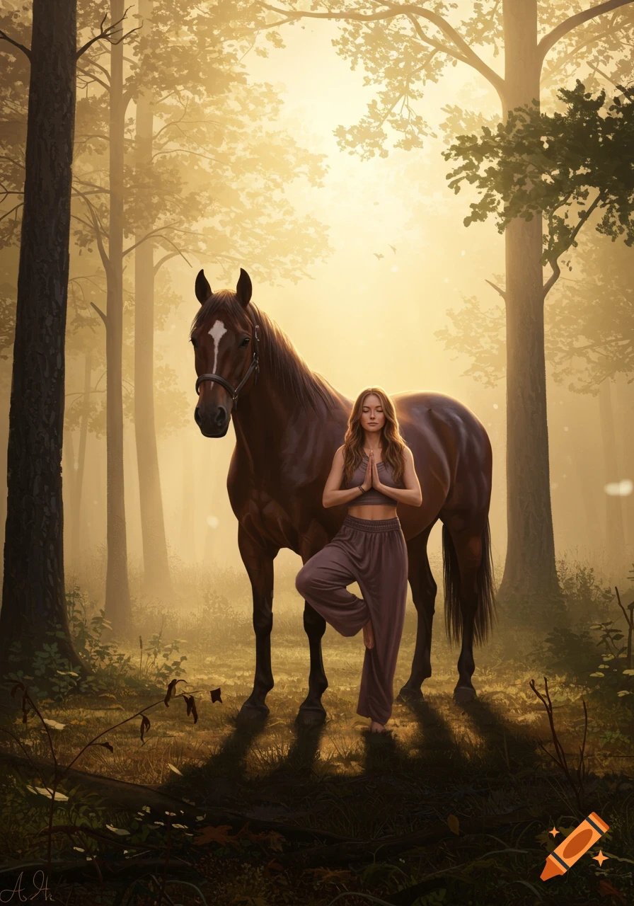 A woman in a tree pose next to a horse in a sunlit, misty forest, digital painting.
