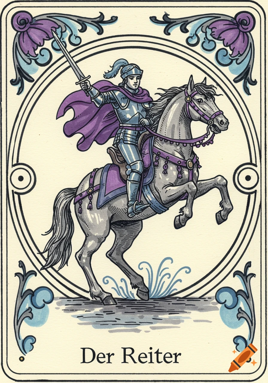 Illustrated card of a knight in armor on a rearing horse, within a decorative border, text 'Der Reiter' at the bottom.