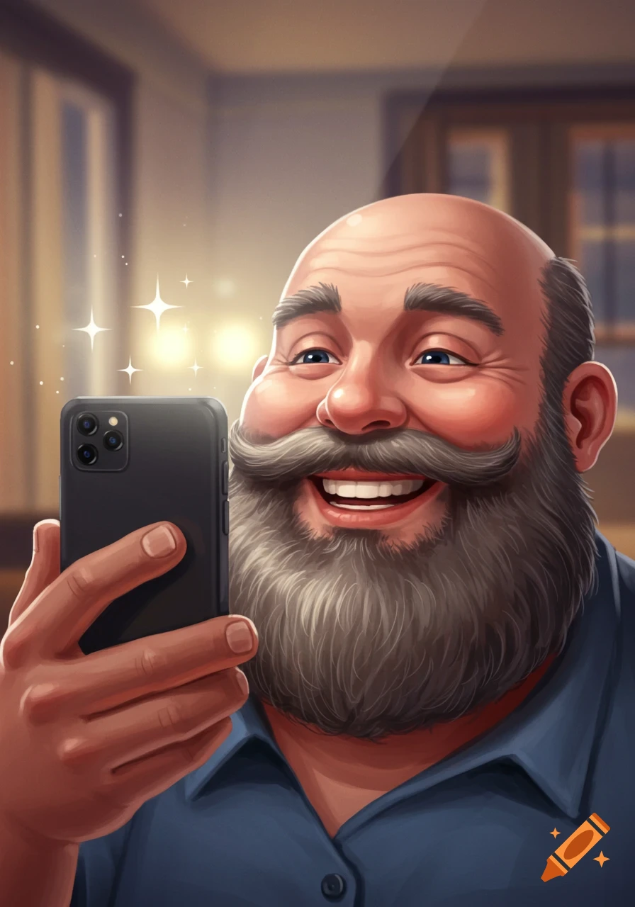 Illustrative portrait of a smiling bald, bearded man taking a selfie with a phone.