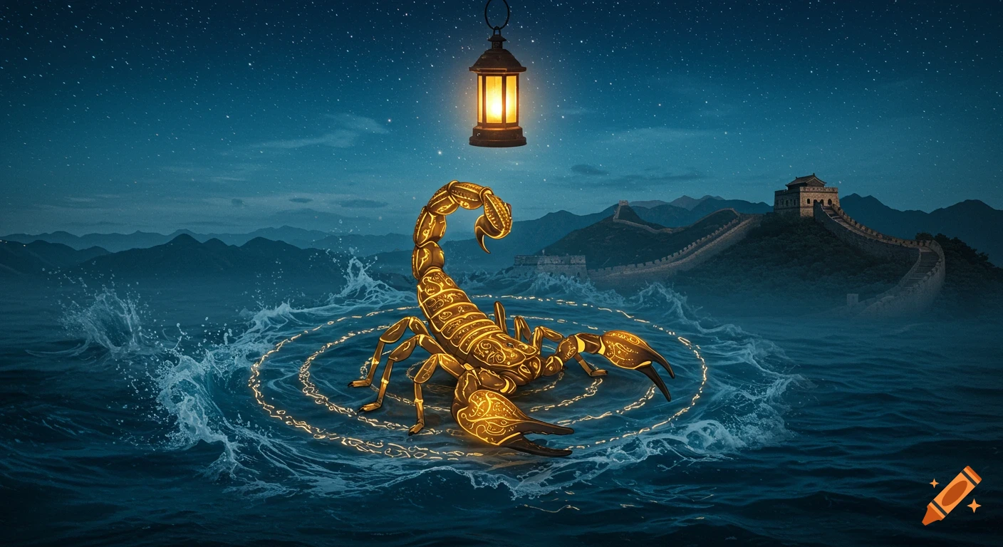 A golden scorpion with glowing patterns sits in a spiral on mystical water under a lantern, with the Great Wall and starry sky in the background.