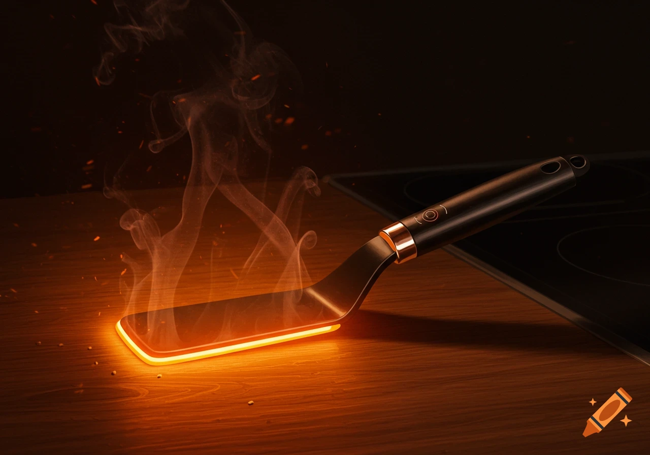 A close-up, photorealistic shot of a modern black spatula with a glowing orange, heated blade and rose gold accents, emitting smoke and sparks on a wooden countertop next to a dark induction stovetop.
