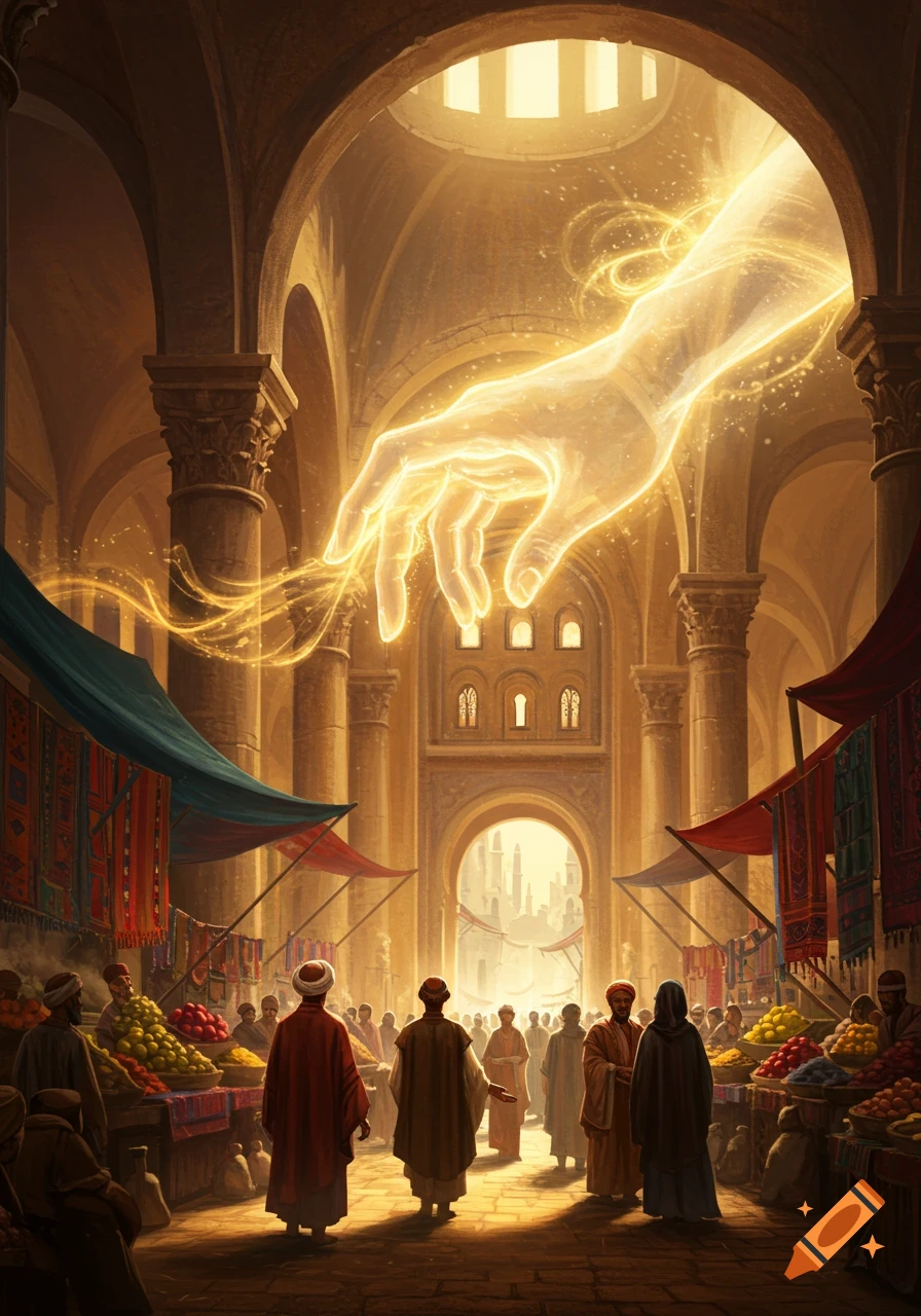 A glowing, translucent hand descends into a bustling, arched marketplace filled with people and stalls, bathed in warm light.