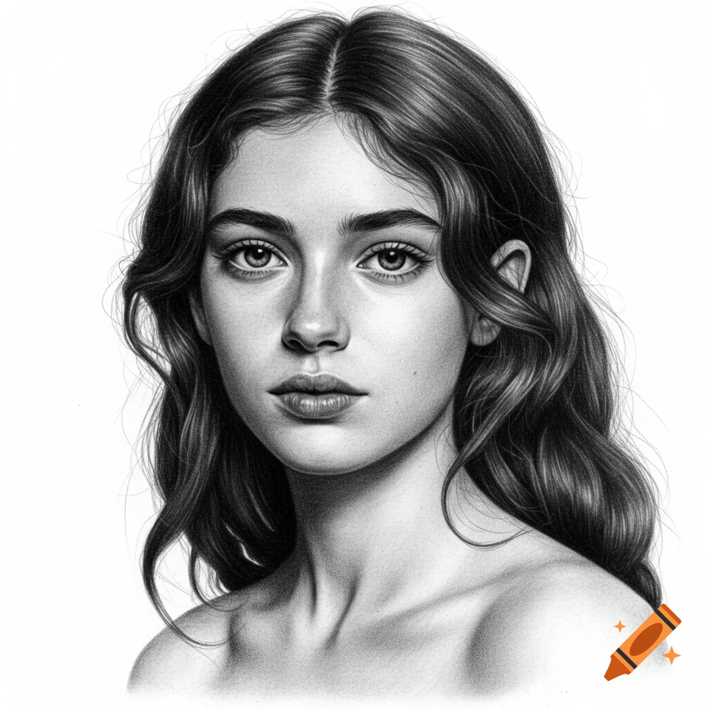A black and white charcoal drawing depicts a young woman with long wavy hair looking directly at the viewer, her shoulders bare against a white background.
