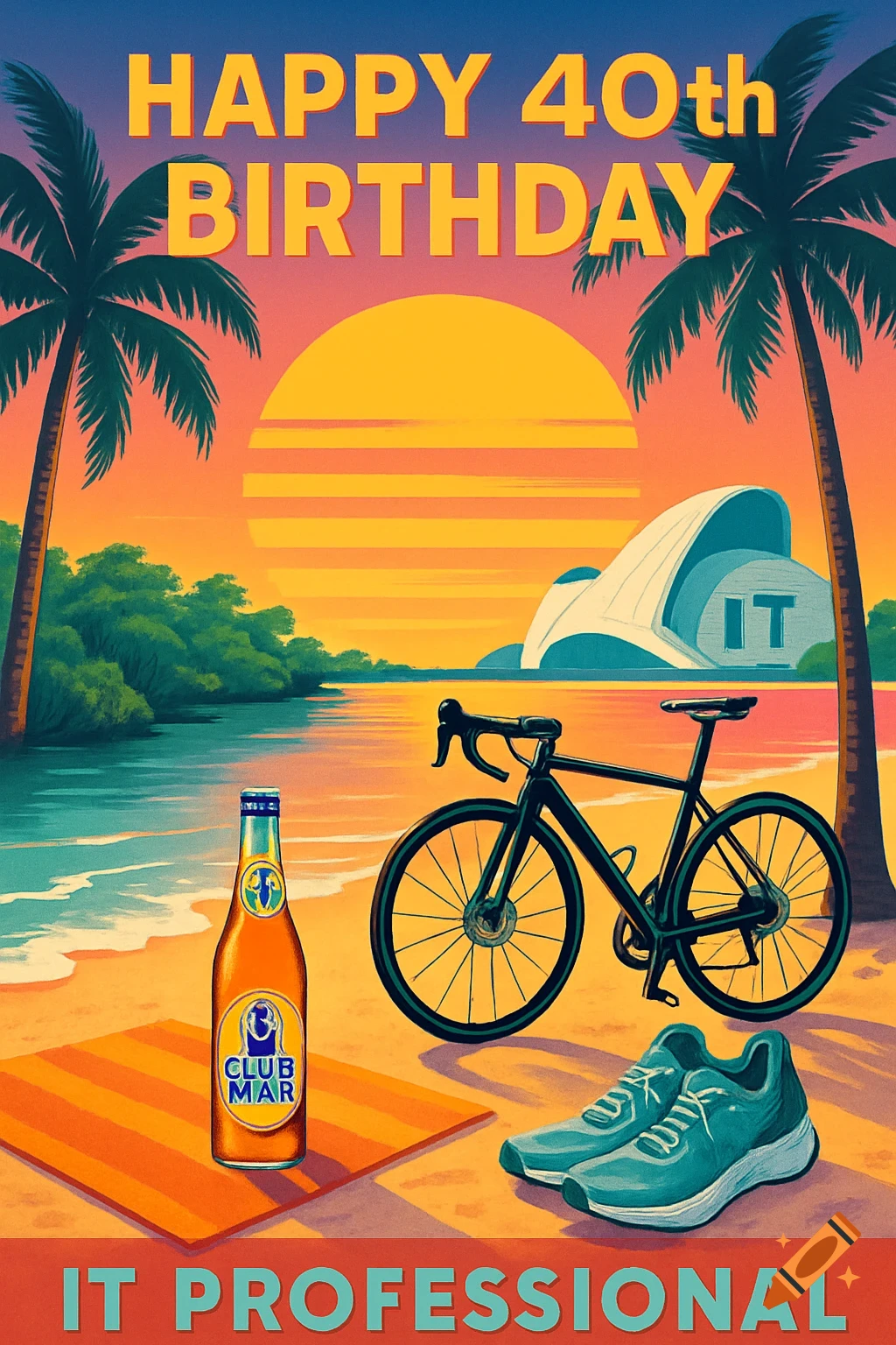 Retro-style birthday poster for a 40th birthday, showing a sunset beach scene with palm trees, a road bike, running shoes, a beer bottle, and a futuristic building in the background. Text reads "HAPPY 40th BIRTHDAY" and "IT PROFESSIONAL".