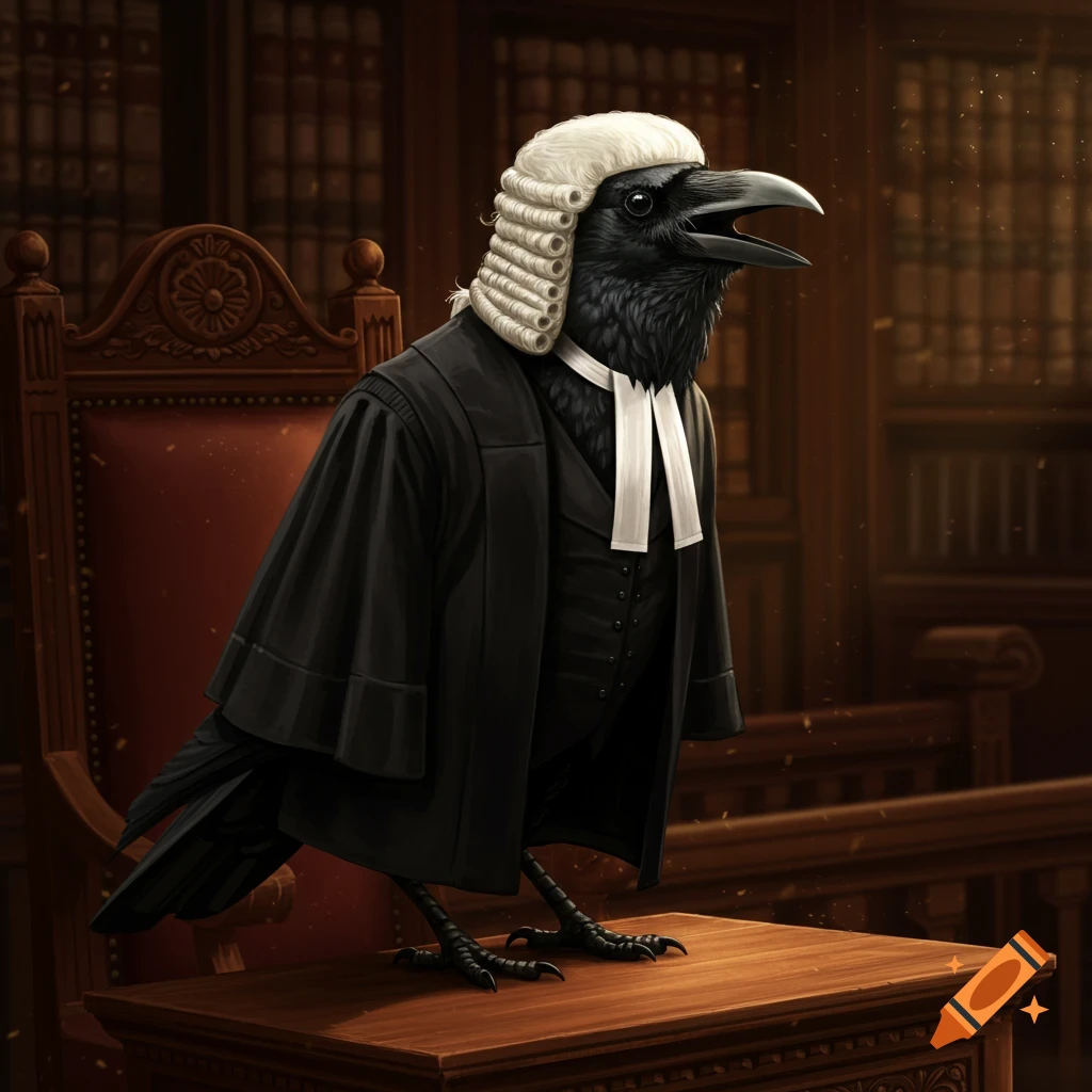 A black crow in a barrister's wig and robes stands on a wooden desk in a courtroom setting, digital art.
