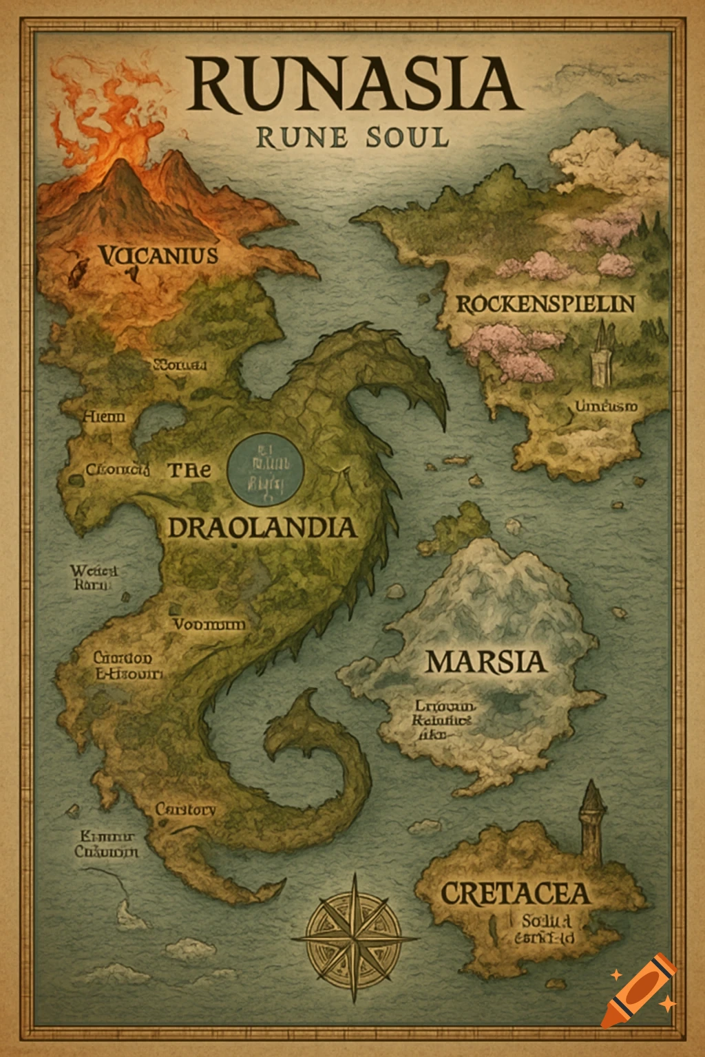 An antique-style fantasy map of the world Runasia, featuring five continents with diverse landscapes and several labels, some of which are misspelled or illegible.